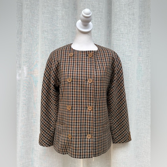 1980 Escada Margaretha Ley plaid brown black crew neck double breasted blazer